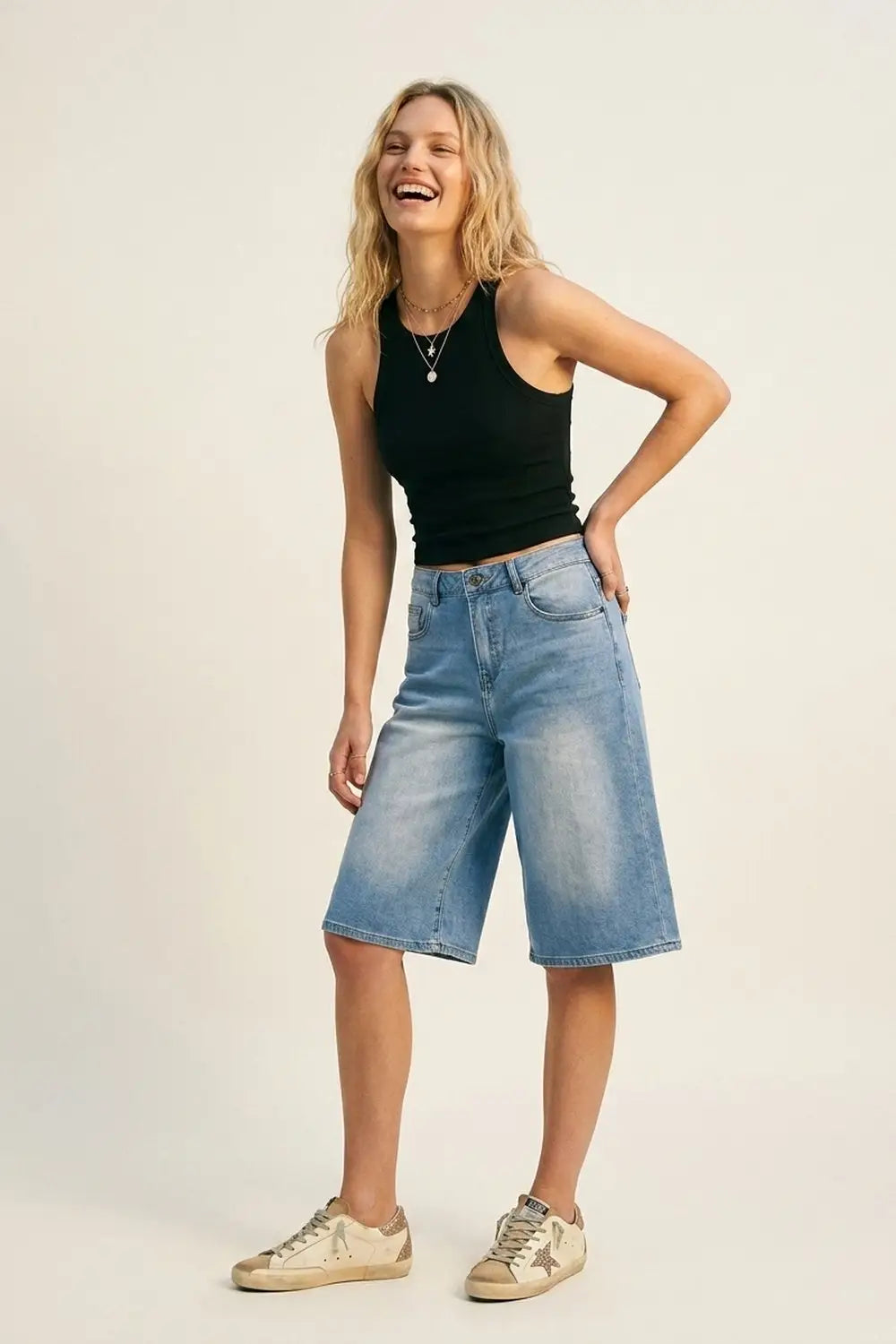 Light Blue Wide-Leg knee-length denim Bermuda shorts - Jeans