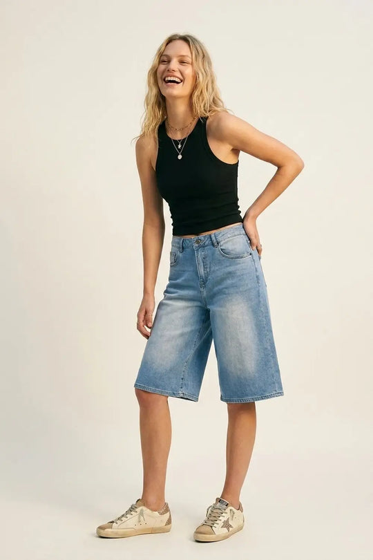 Light Blue Wide-Leg knee-length denim Bermuda shorts - Jeans
