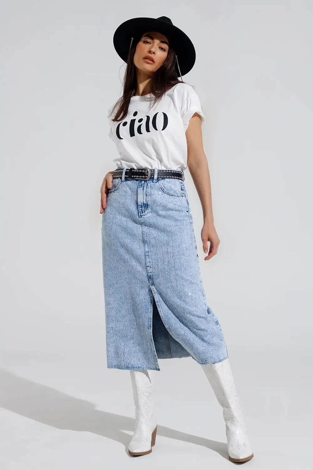 Light Denim Midi Skirt With Front Slit And Diamante Embellishment - Skirts