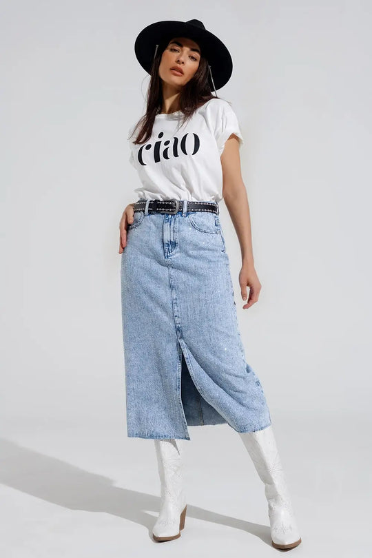 Light Denim Midi Skirt With Front Slit And Diamante Embellishment - Skirts