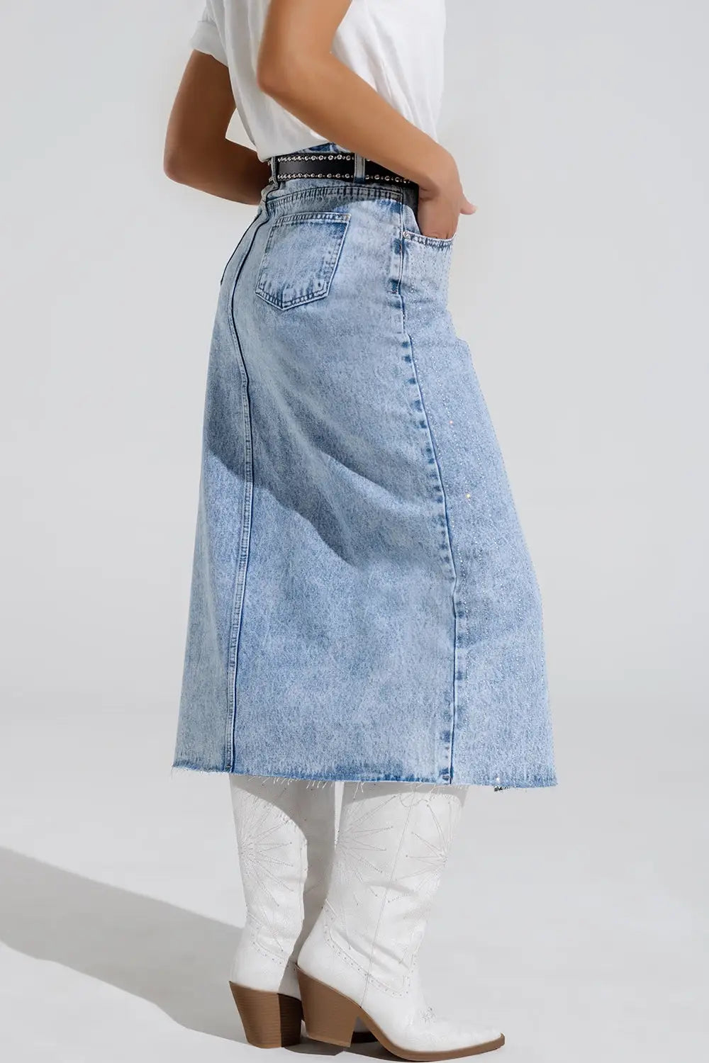 Light Denim Midi Skirt With Front Slit And Diamante Embellishment - Skirts