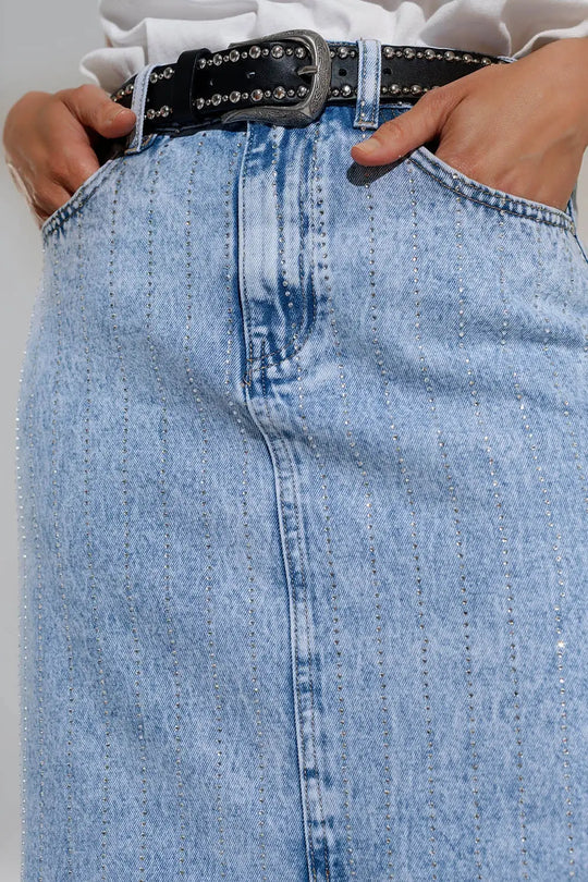 Light Denim Midi Skirt With Front Slit And Diamante Embellishment - Skirts