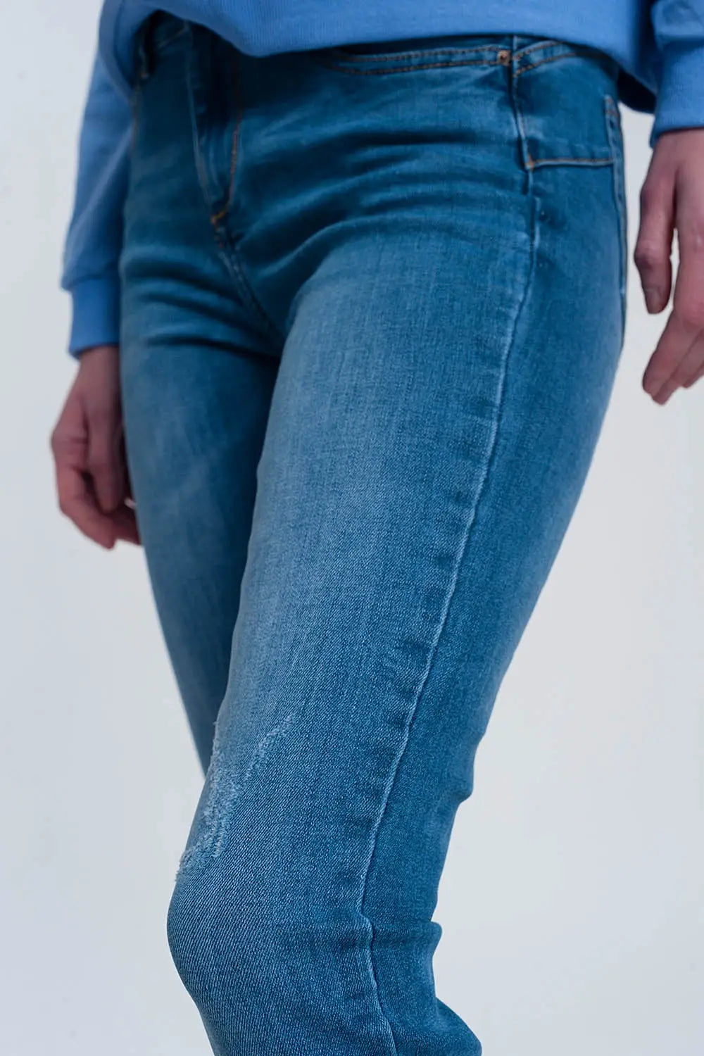 light denim skinny jeans with folded ankles and ripped detail - Jeans