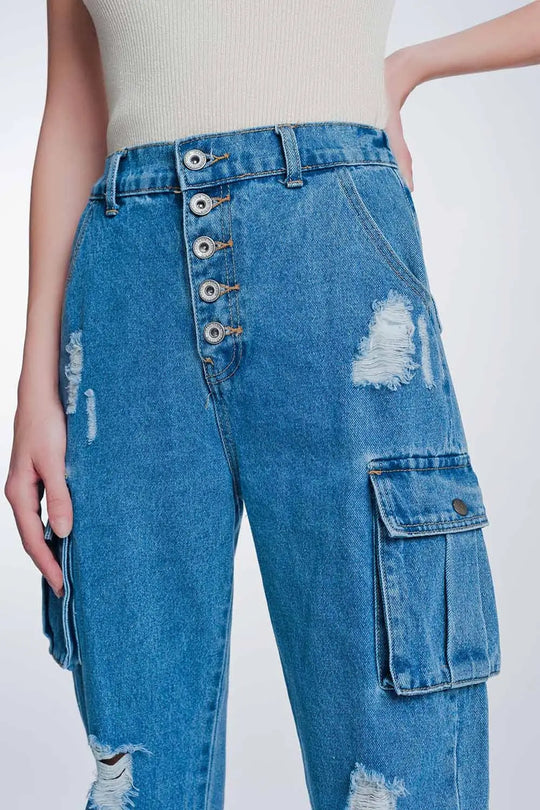 Light denim straight jeans ripped with side pockets - Jeans