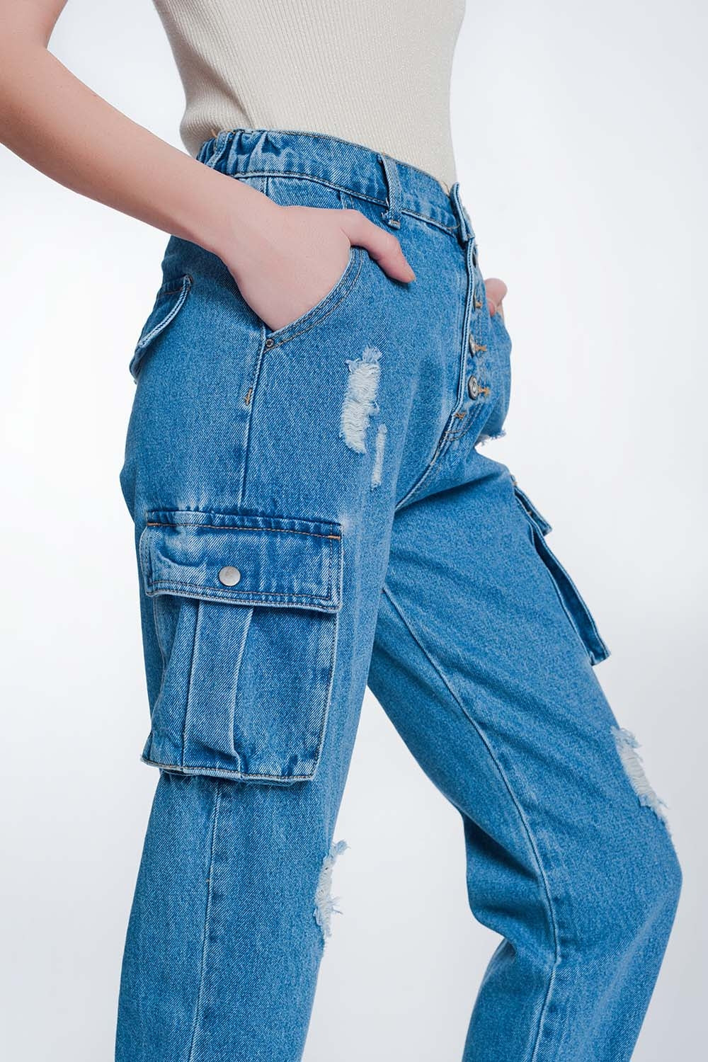 Light denim straight jeans ripped with side pockets