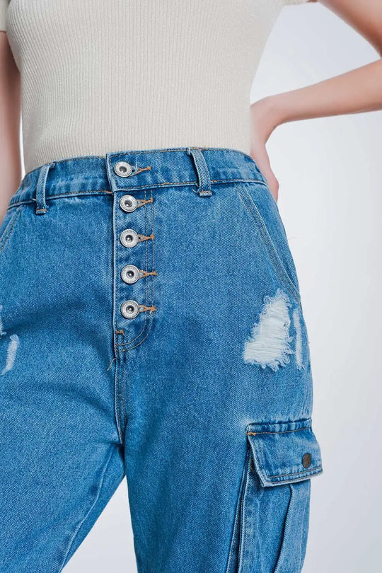 Light denim straight jeans ripped with side pockets - Jeans