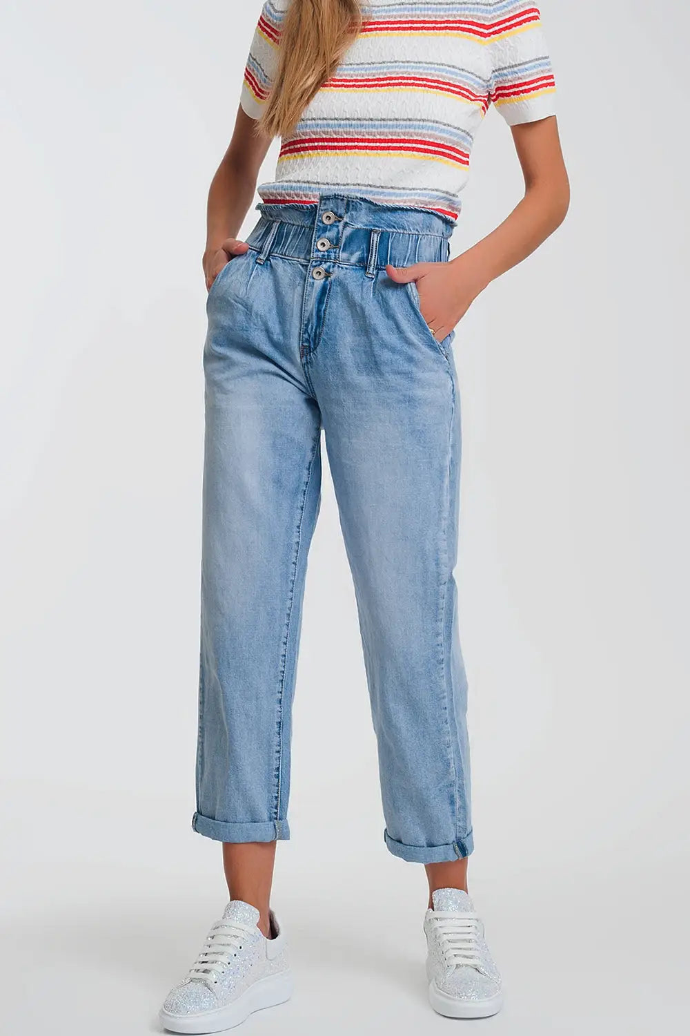 Light denim straight jeans with big waistband detail - Jeans