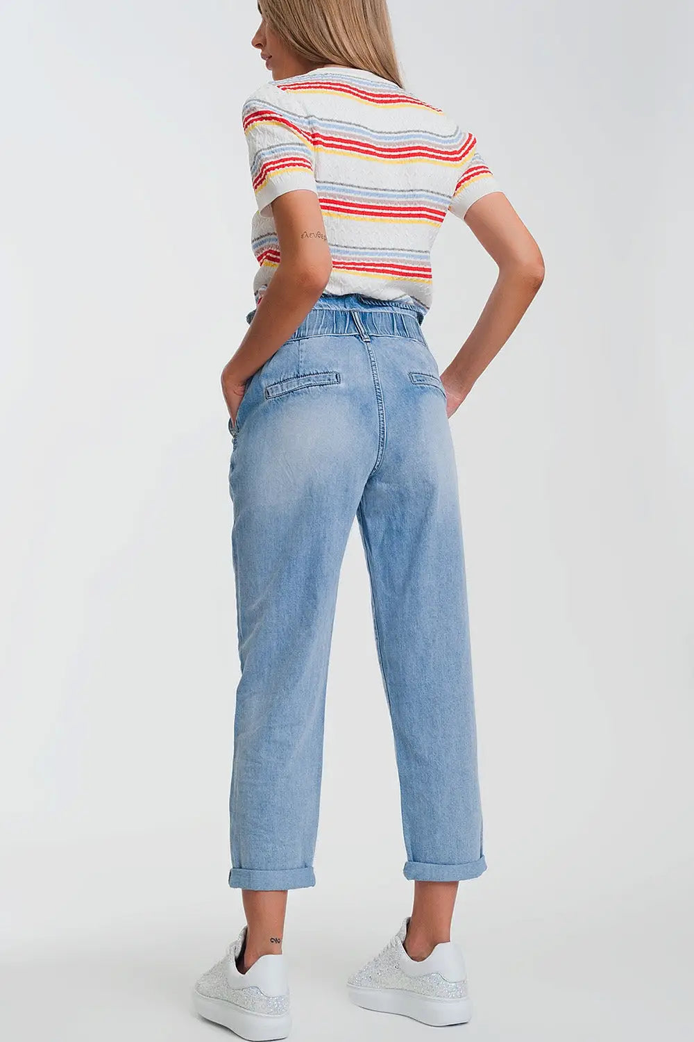 Light denim straight jeans with big waistband detail - Jeans