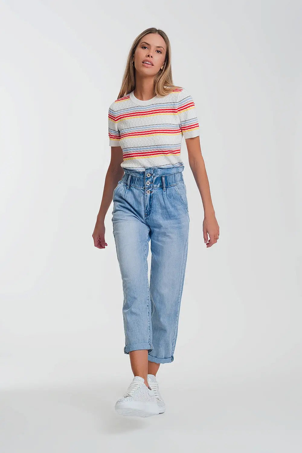 Light denim straight jeans with big waistband detail - Jeans