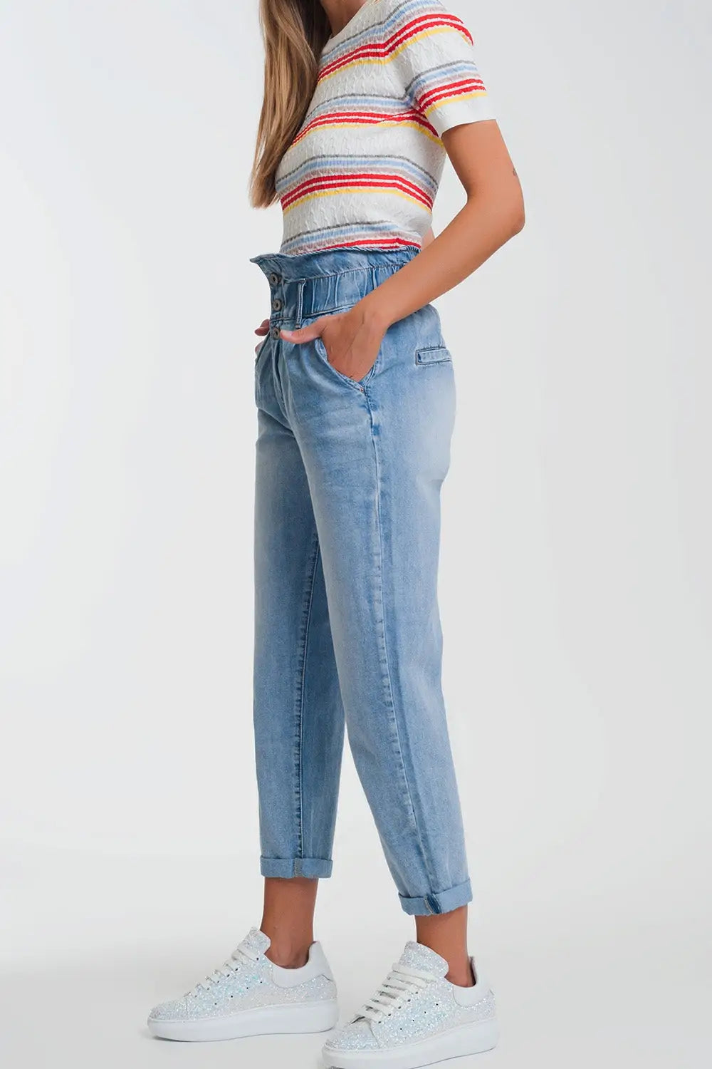 Light denim straight jeans with big waistband detail - Jeans