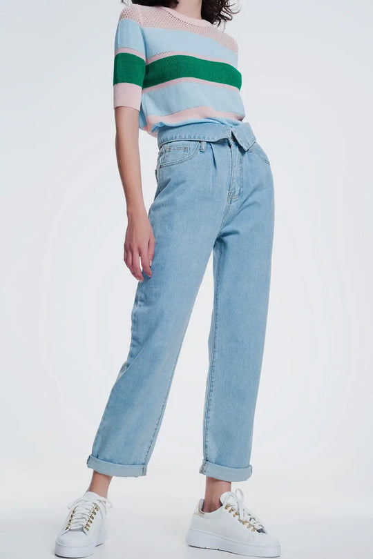 Light denim straight jeans with folded waist - Jeans