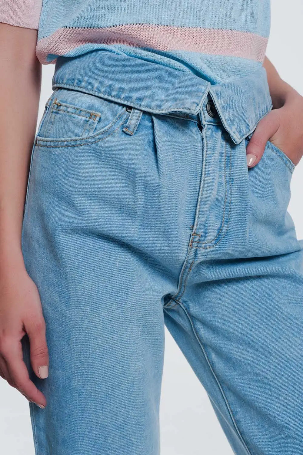 Light denim straight jeans with folded waist - Jeans