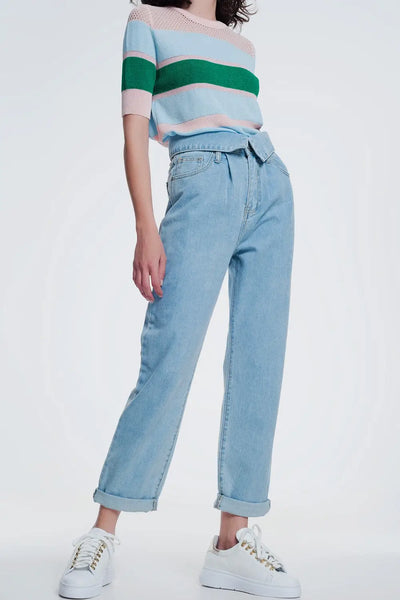 Q2 Light denim straight jeans with folded waist