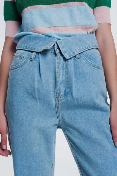 Light denim straight jeans with folded waist - Jeans