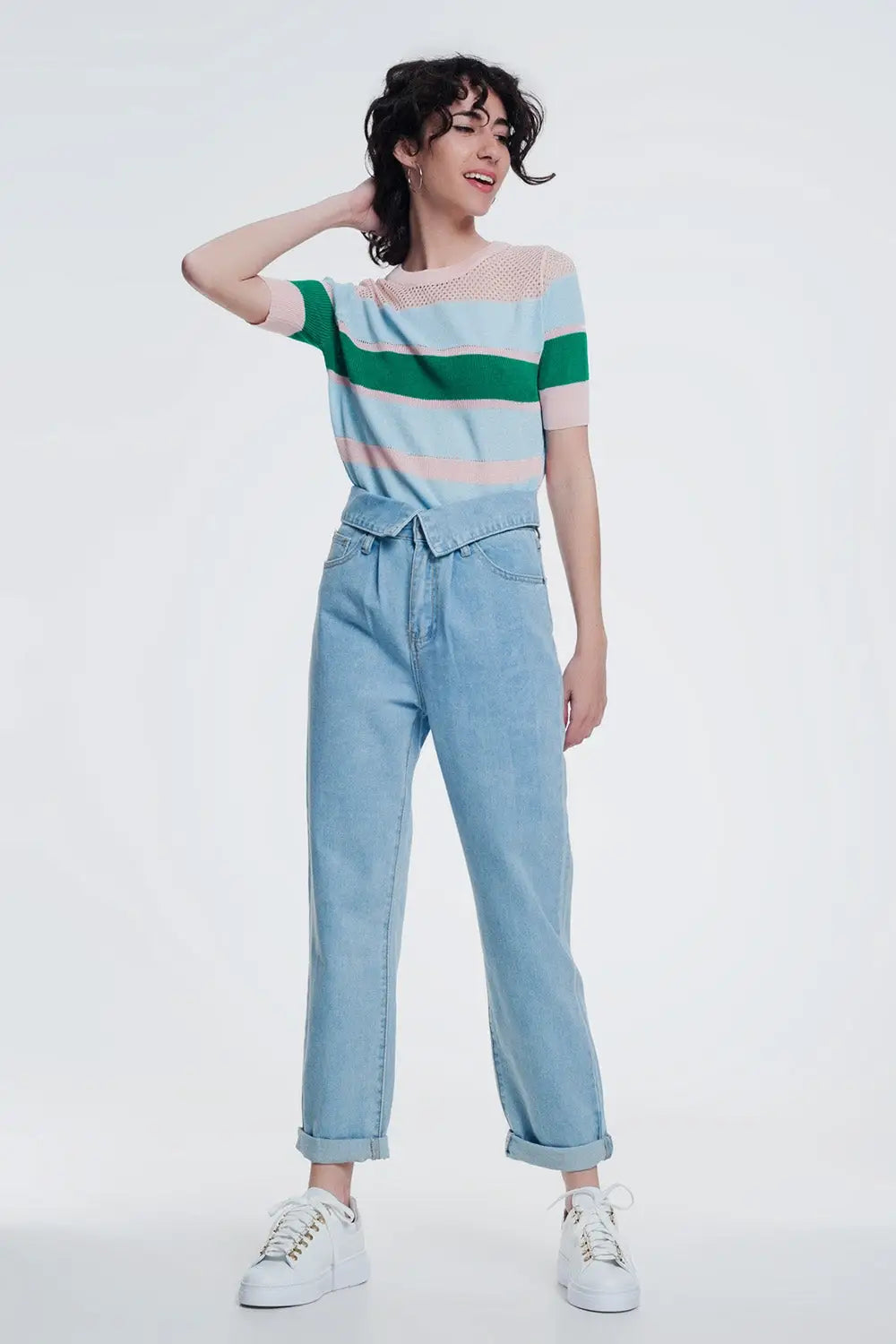 Light denim straight jeans with folded waist - Jeans