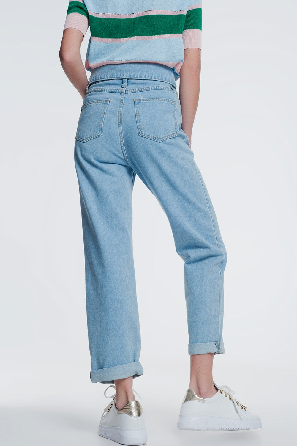 Light denim straight jeans with folded waist