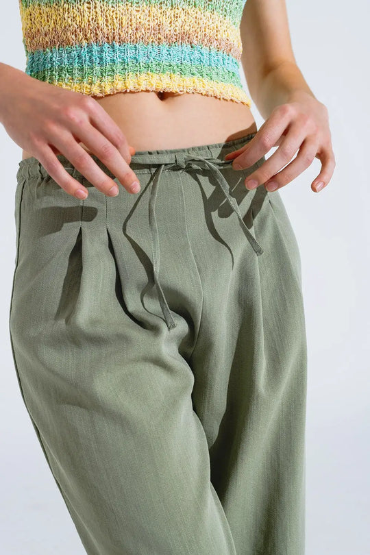 Light Green Relaxed Pants With Drawstring Closing And Side Pockets - Pants
