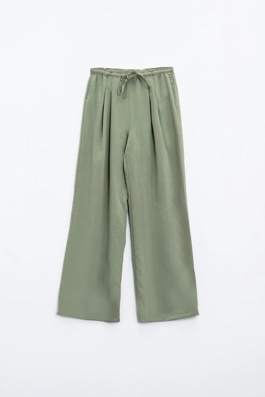Light Green Relaxed Pants With Drawstring Closing And Side Pockets - Pants