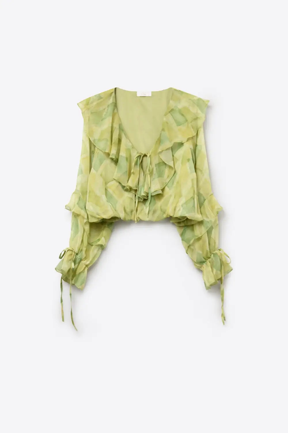 Light Green Ruffled Tie-Front Sheer Blouse - Tops