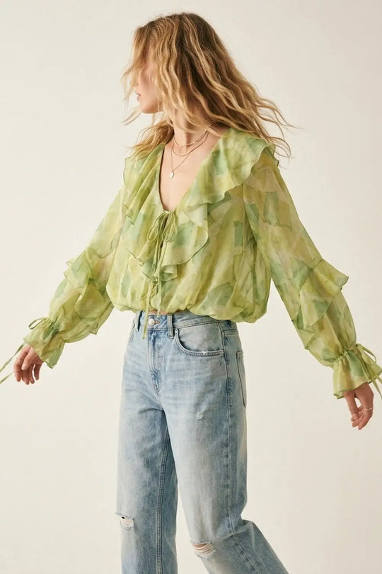 Q2 Light Green Ruffled Tie-Front Sheer Blouse