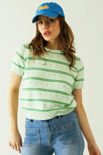 Light green sweater with dark green stripe with discreet floral details - Sweaters