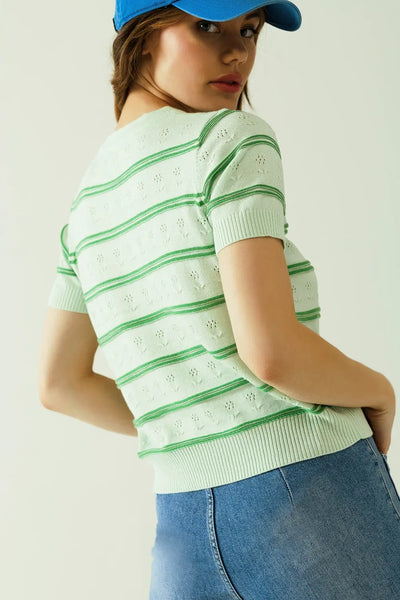 Light green sweater with dark green stripe with discreet floral details - Sweaters