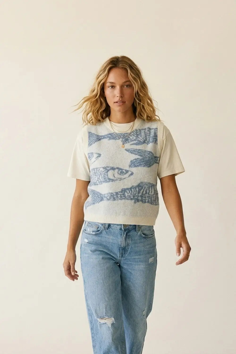 Q2 Light Grey and Blue Light Grey Fish Pattern Knit Sweater Vest