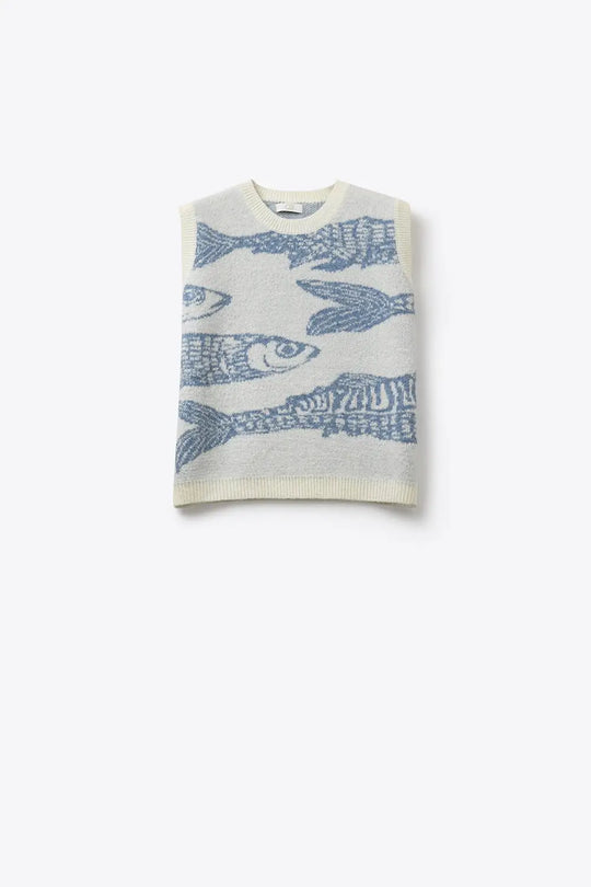 Light Grey and Blue Light Grey Fish Pattern Knit Sweater Vest - One Size / Blue - Sweaters