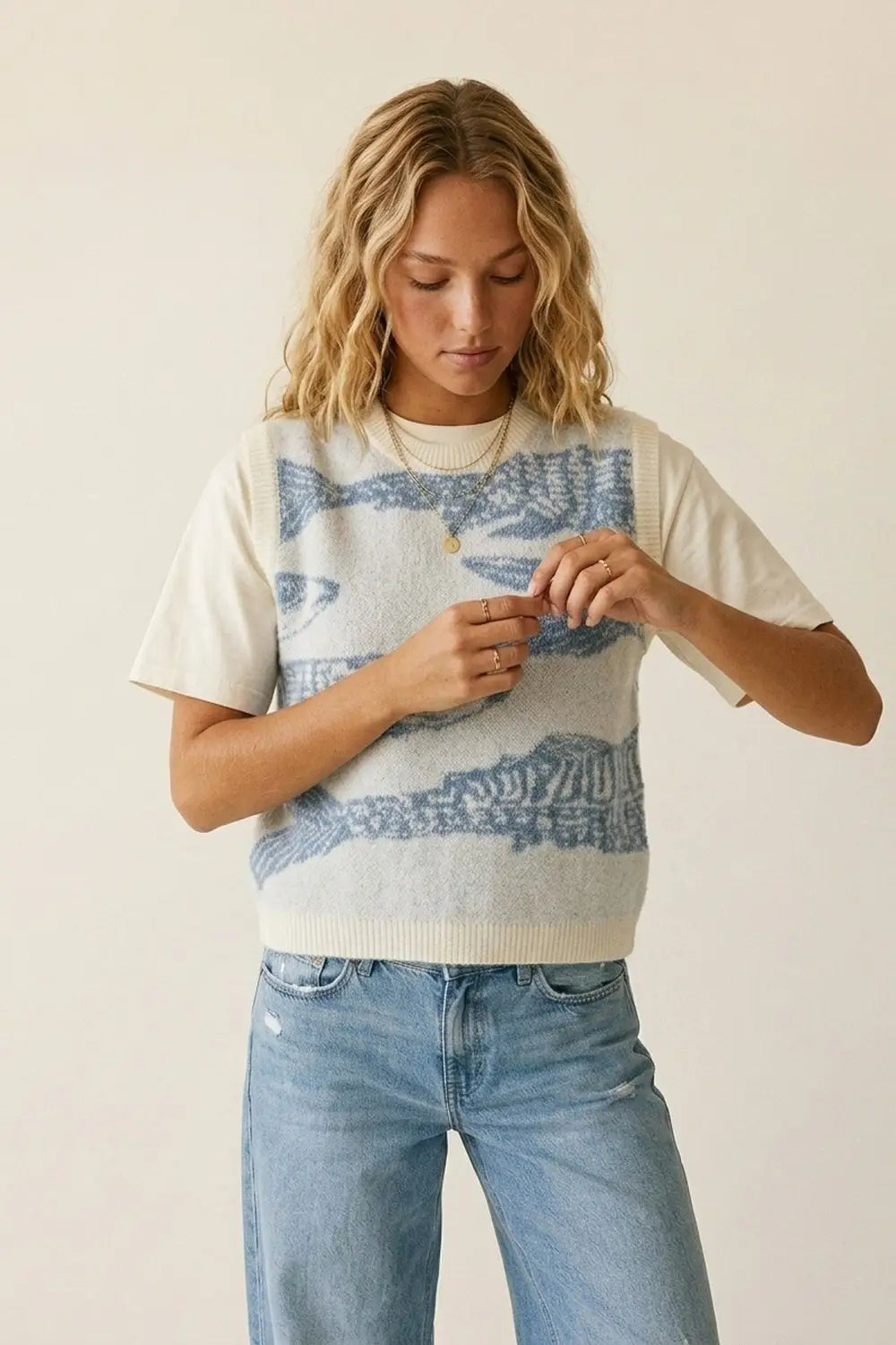 Light Grey and Blue Light Grey Fish Pattern Knit Sweater Vest - One Size / Blue - Sweaters