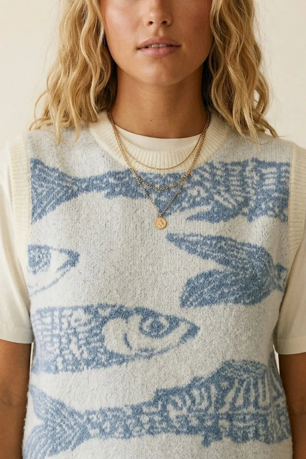 Light Grey and Blue Light Grey Fish Pattern Knit Sweater Vest - One Size / Blue - Sweaters