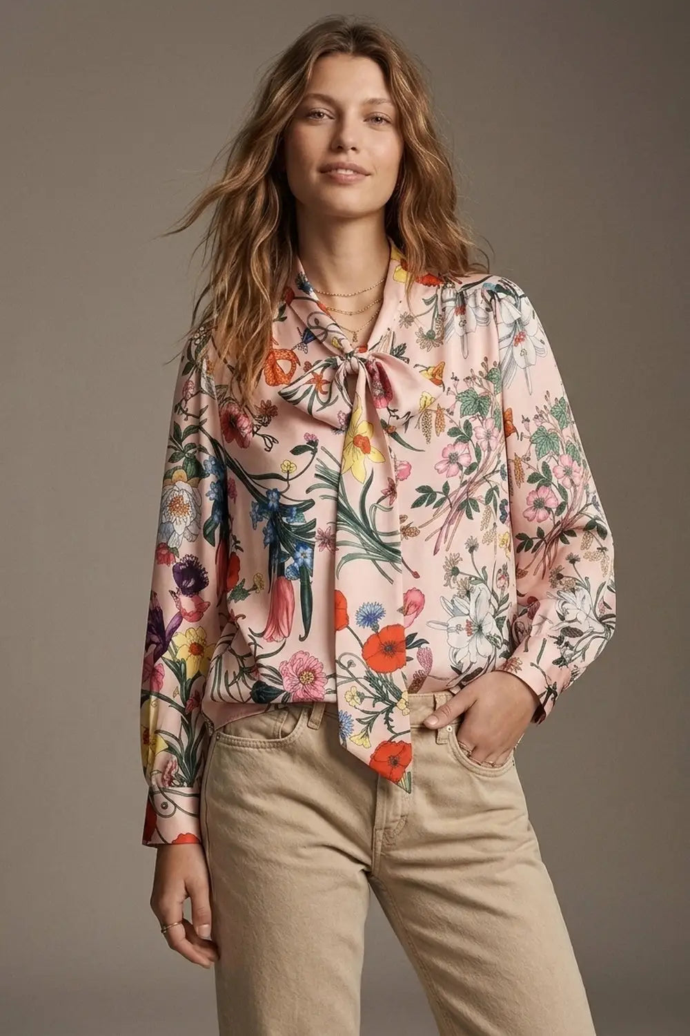 Q2 Light Pink Floral Print Satin Pussy Bow Long Sleeve Blouse