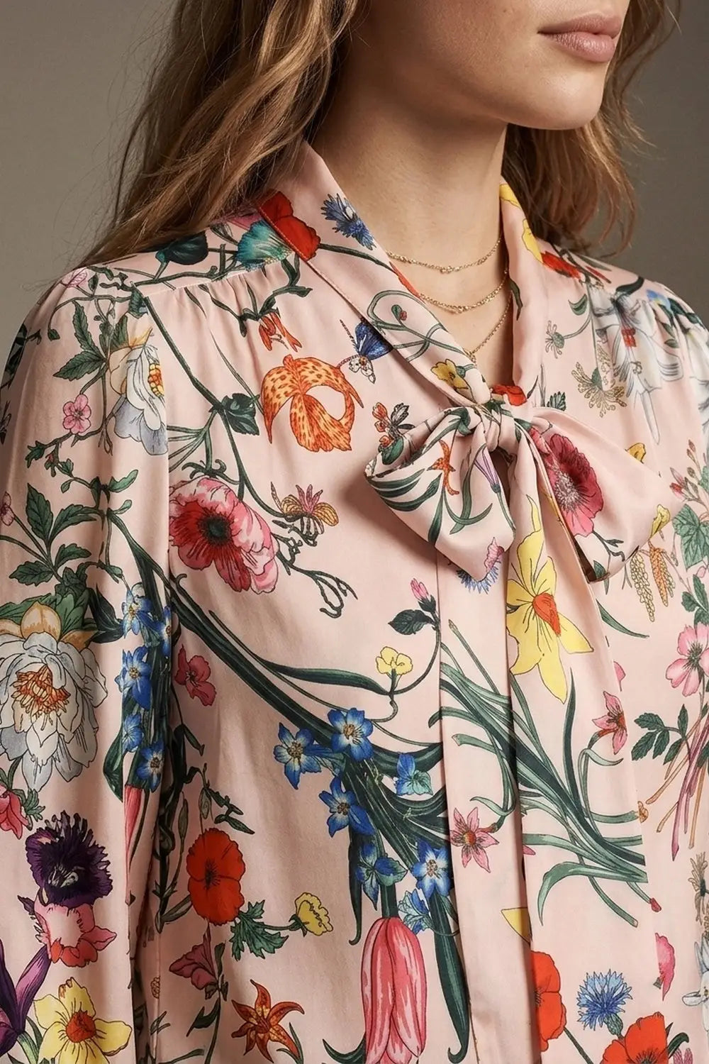 Light Pink Floral Print Satin Pussy Bow Long Sleeve Blouse - Shirts