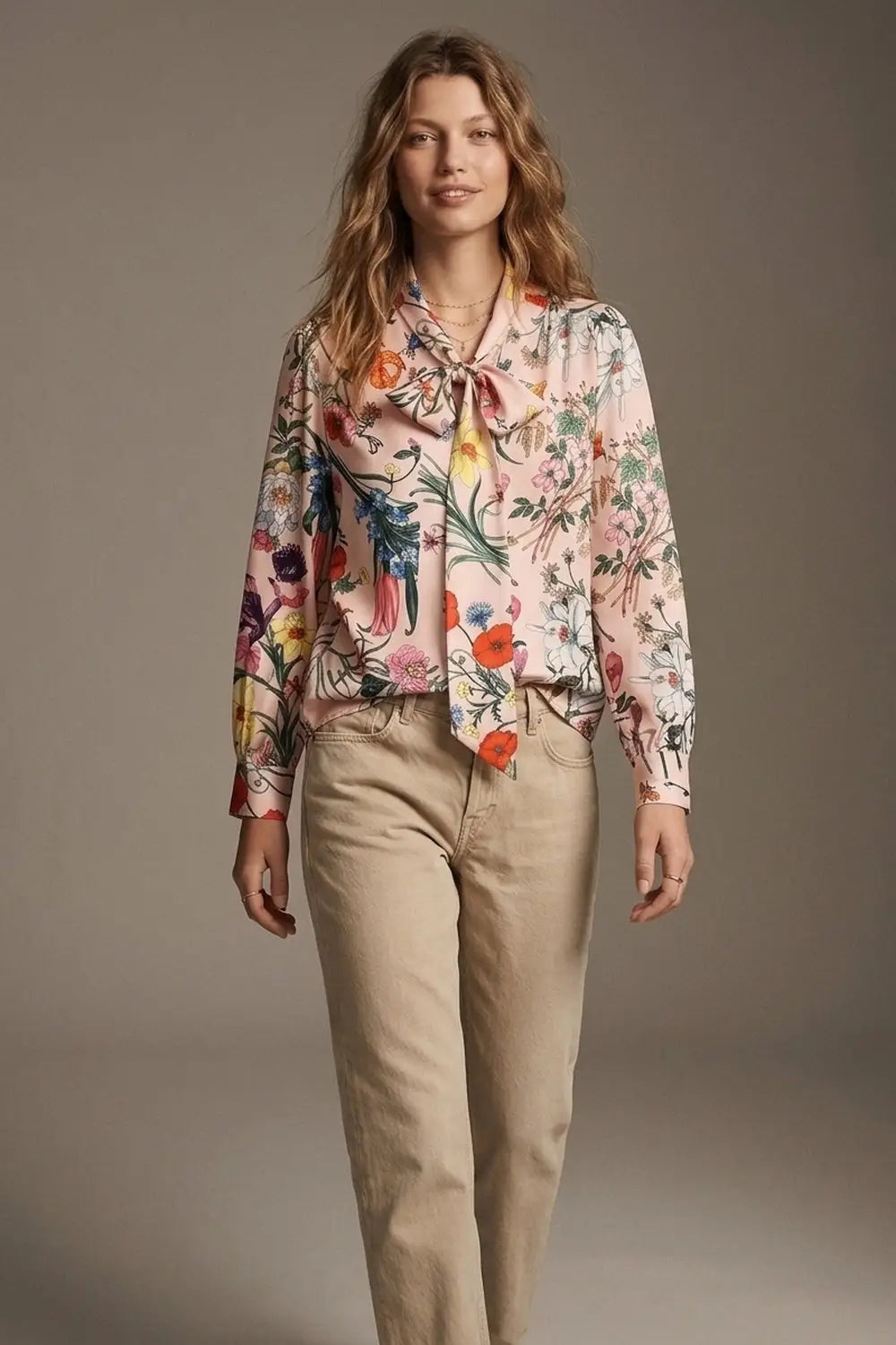 Light Pink Floral Print Satin Pussy Bow Long Sleeve Blouse - Shirts