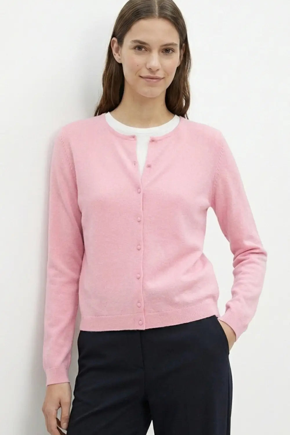 Light pink Ribbed Knit Cardigan with Mother-of-Pearl Buttons - One Size / Pink