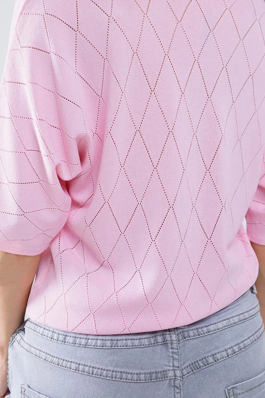 Light Pink Short Sleeve Sweater With Argyle Pattern - One Size / Pink - Sweaters