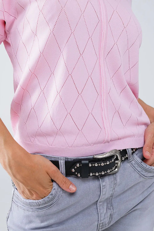 Light Pink Short Sleeve Sweater With Argyle Pattern - One Size / Pink - Sweaters