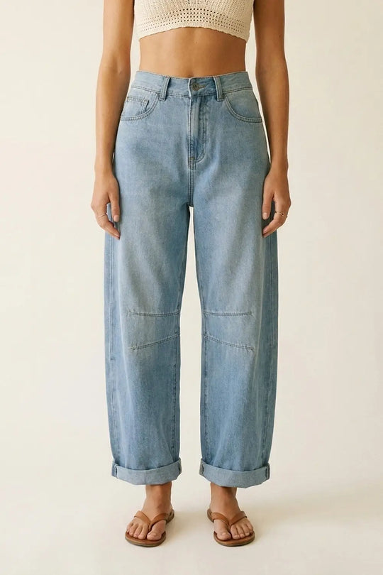 Light Wash Barrel Jeans With Knee Seam Detail - Jeans