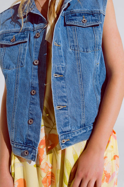 light wash denim vest with rhinestone detail on the collar