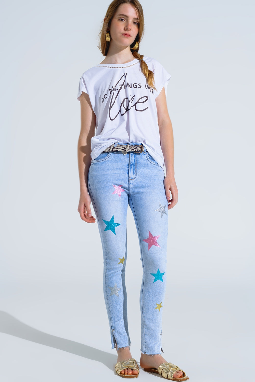 Light Wash Skinny Jeans With Stars On The Legs