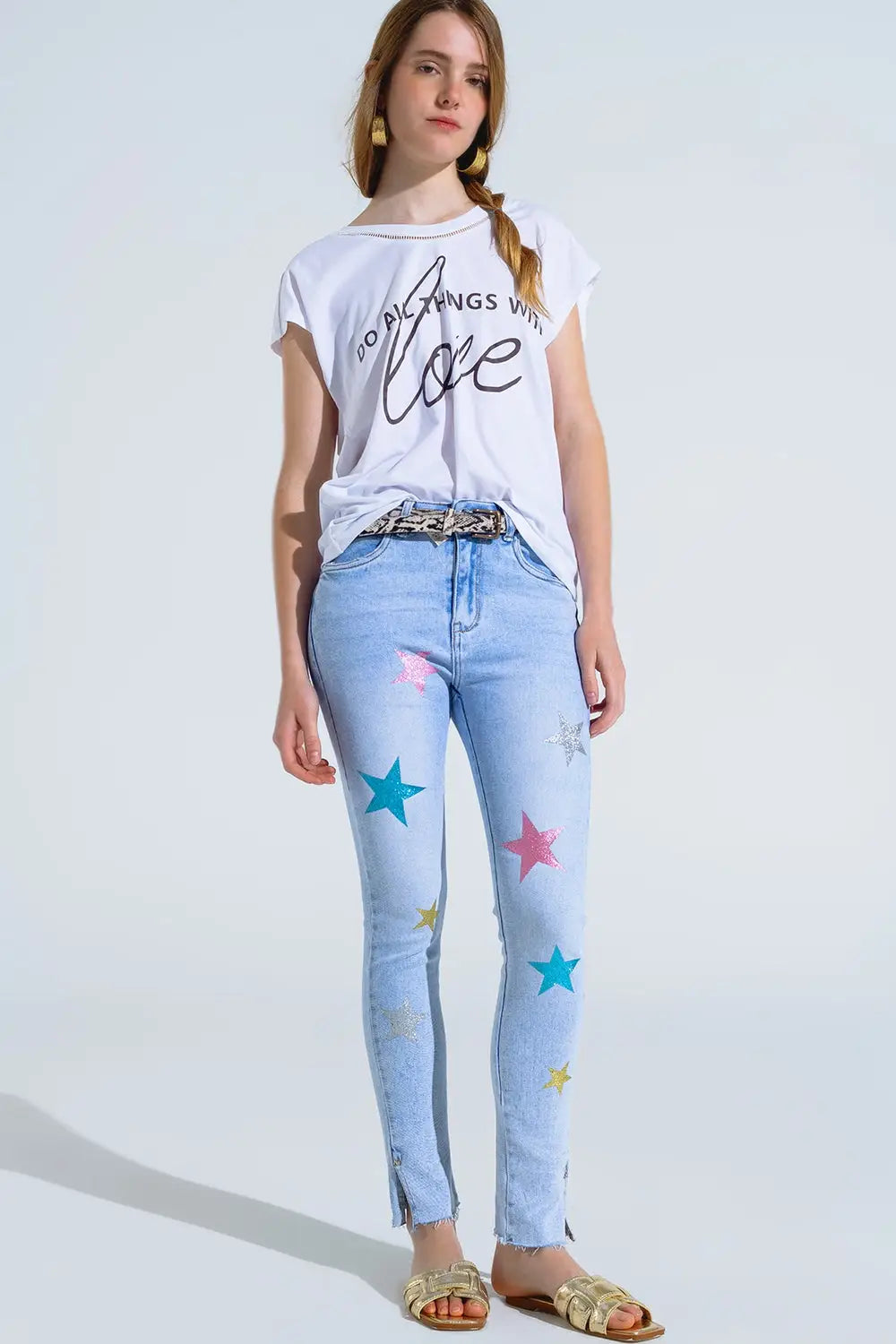 Light Wash Skinny Jeans With Stars On The Legs - Jeans