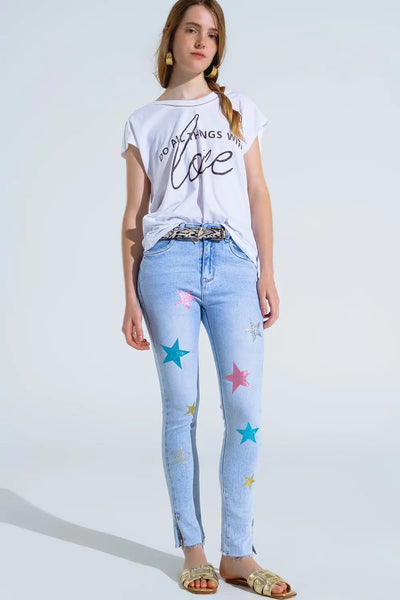 Light Wash Skinny Jeans With Stars On The Legs - Jeans