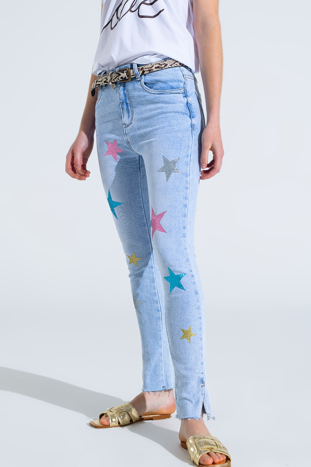 Light Wash Skinny Jeans With Stars On The Legs