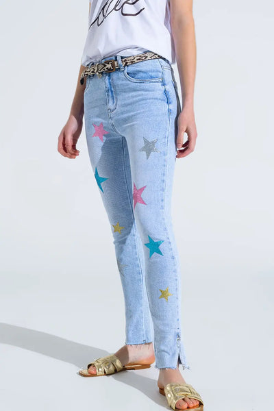 Light Wash Skinny Jeans With Stars On The Legs - Jeans