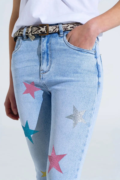 Light Wash Skinny Jeans With Stars On The Legs - Jeans