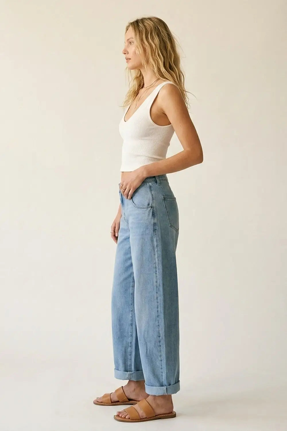 Light Wash Straight Leg Stretch Jeans With Rolled Hem - Jeans