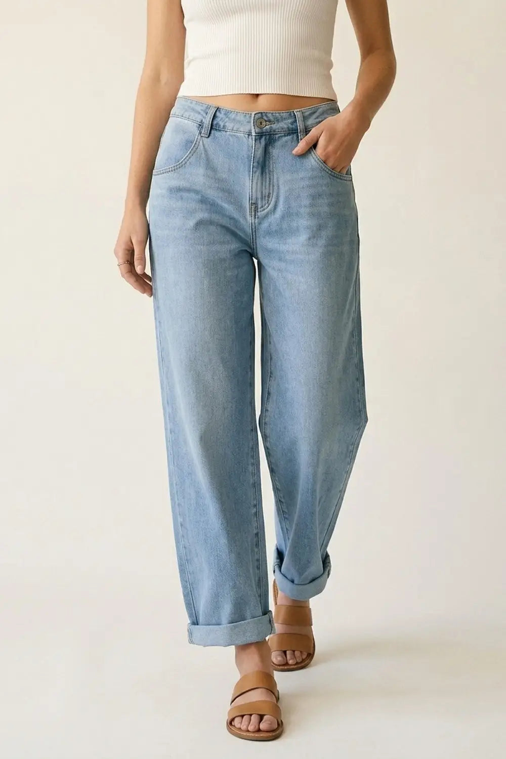 Light Wash Straight Leg Stretch Jeans With Rolled Hem - Jeans