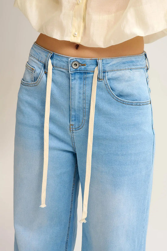 Light Wash Wide-Leg Jeans with Adjustable Drawstring Waist - Jeans