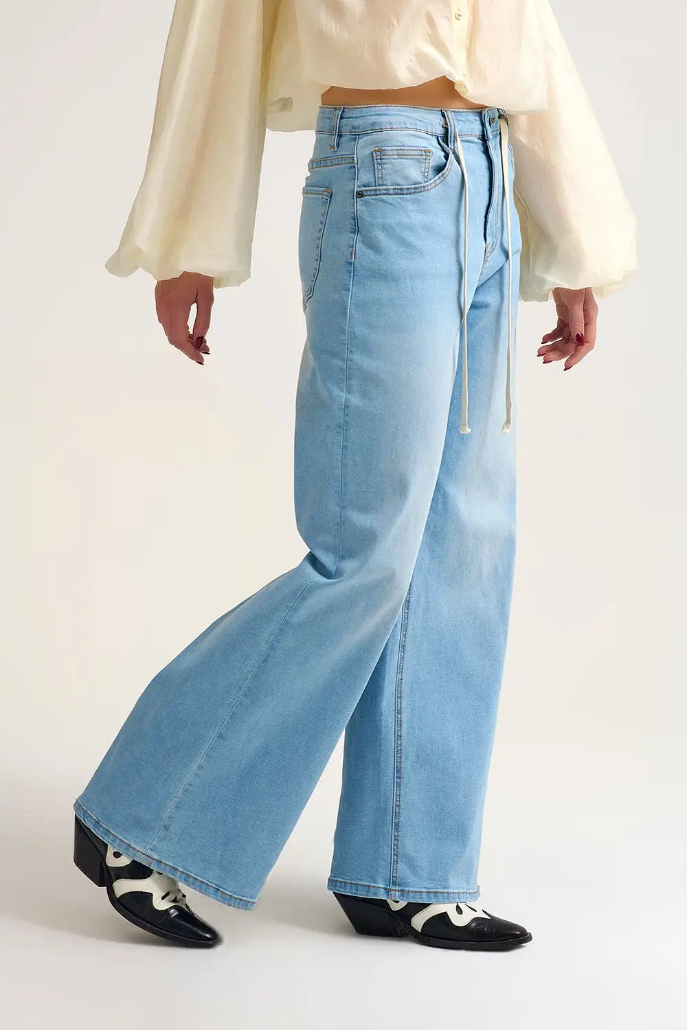 Light Wash Wide-Leg Jeans with Adjustable Drawstring Waist - Jeans