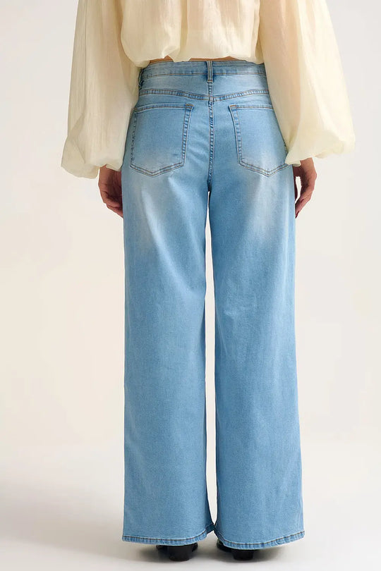 Light Wash Wide-Leg Jeans with Adjustable Drawstring Waist - Jeans