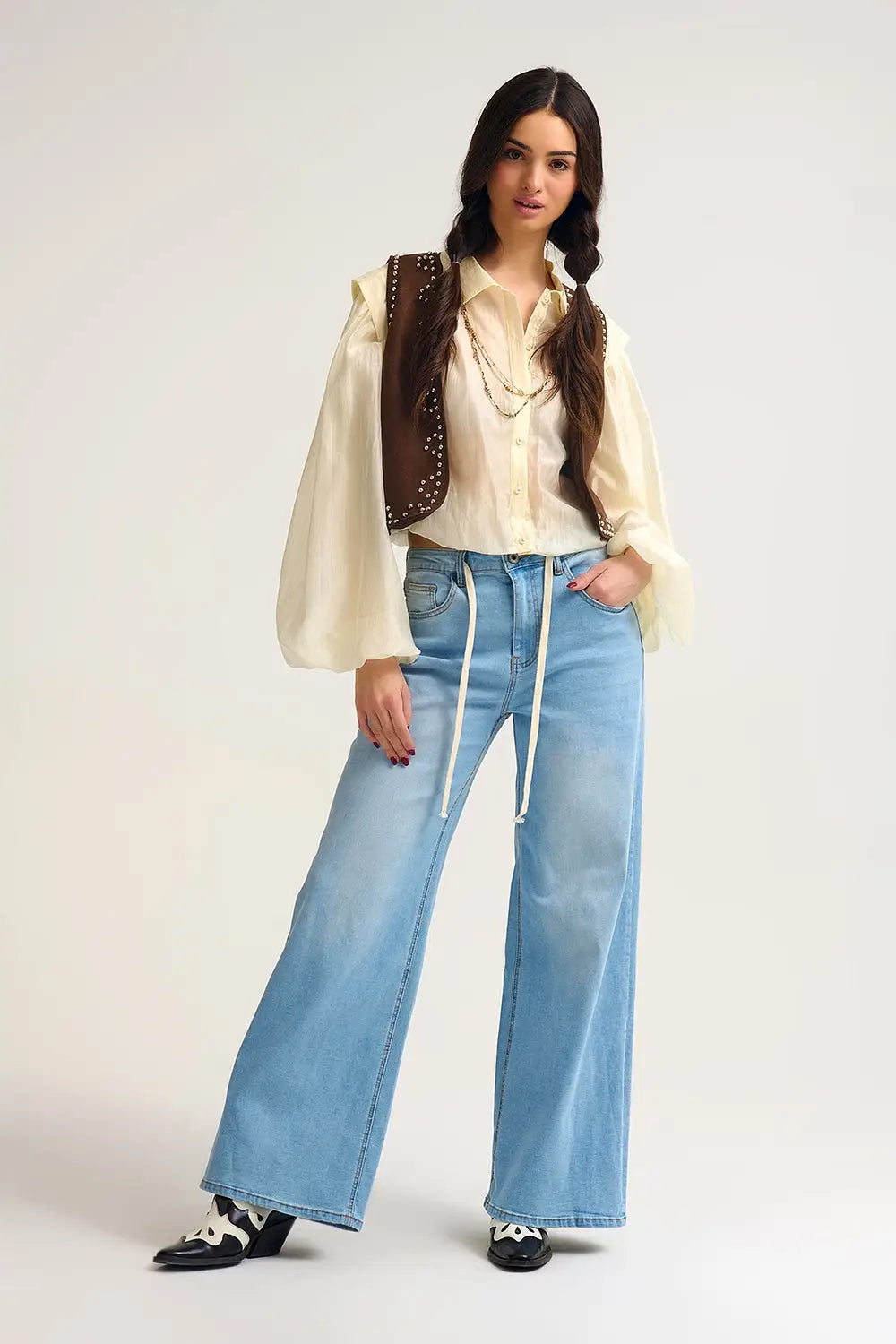 Light Wash Wide-Leg Jeans with Adjustable Drawstring Waist - Jeans